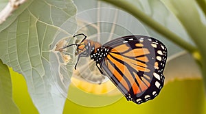 Close-up of a monarch butterfly emerging from its chrysalis.