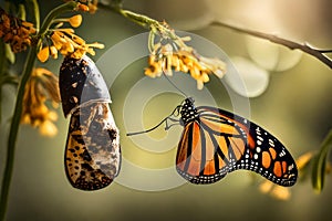 A close-up of a monarch butterfly emerging from its chrysalis, a moment of transformation captured