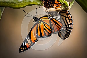 A close-up of a monarch butterfly emerging from its chrysalis, a moment of transformation captured