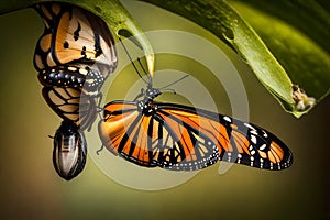 A close-up of a monarch butterfly emerging from its chrysalis, a moment of transformation captured