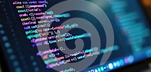 Close-up of monitor screen with program source code. Dark blue background, colorful code syntax. tech concept. Coding, programming