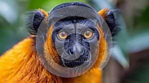 A close up of a monkey with big eyes and black fur, AI