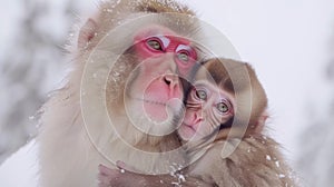 A close up of a monkey with its baby in the snow, AI