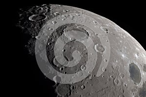 close-up of the moon, with craters and mountains visible