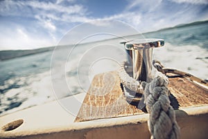 Close up of mooring rope on the boat