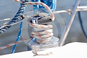 Close up of mooring rope on sailboat or yacht