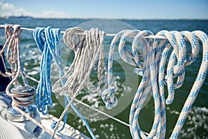 Close up of mooring rope on sailboat or yacht