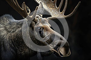 A close up of a moose's head with a dark background