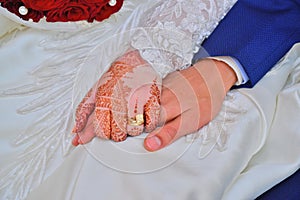 Close up of moroccon couple`s hands at a wedding, concept of marriage,