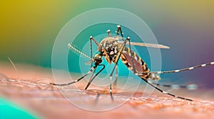 Close-up of a mosquito feeding on human skin, with a colorful blurred background.