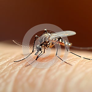 Close up of a mosquito on human skin, highlighting a nuisance