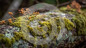 a close up of a moss covered rock with small plants growing on it and a tree in the background with leaves and branches in the
