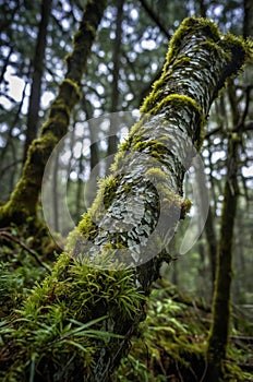 Moss Covered Tree Trunk in a Dark Forest