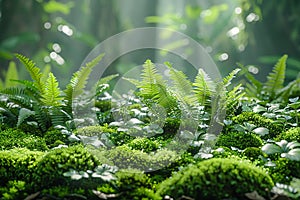 Close-up of moss and ferns in a dense forest