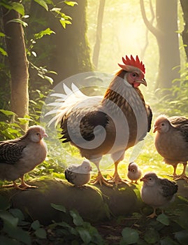 A close-up of a mother chicken and her chicklings, searching for sustenance in a sun-dappled forest.