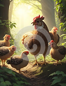A close-up of a mother chicken and her chicklings, searching for sustenance in a sun-dappled forest.