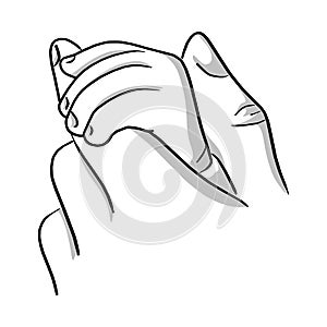 close-up mother holding a hand of baby vector illustration sketch hand drawn with black lines isolated on white background.