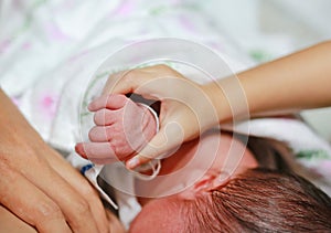 Close up mother`s and child hands touching baby hand. Concept of love and family