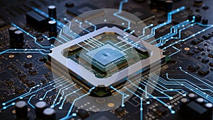 Close-up of motherboard with CPU and glowing traces â AI content