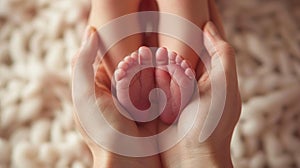 close up mothers hand holding new born baby foot.