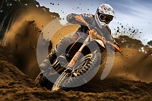 close-up of a motocross rider kicking up dirt on a turn