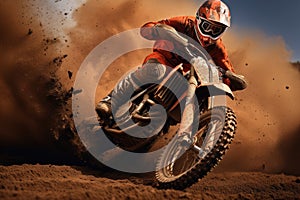 close-up of a motocross rider kicking up dirt on a turn