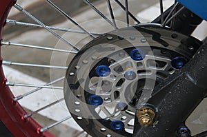 Close-up of motorbike dist brake.