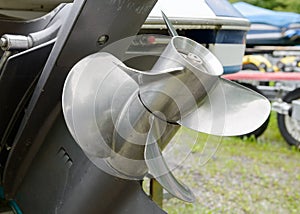 Close up of a motorboat outboard engine propeller.