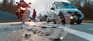 Close-up of motorcycle accident with scattered debris on the road