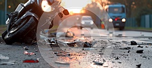 Close-up of motorcycle accident with scattered debris on the road