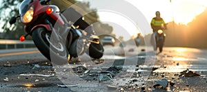 Close-up of motorcycle accident with scattered debris on the road