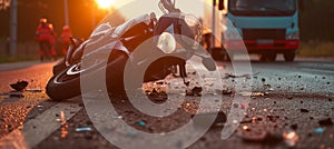 Close-up of motorcycle accident with scattered debris on the road