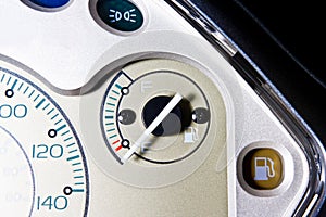 Close up motorcycle dashboard, Focus on the empty fuel meter