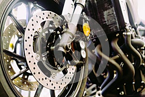 Close up of a motorcycle wheel, Suspension and disc brake system