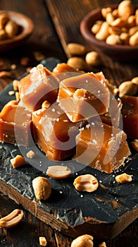 Close up of a mound of peanut butter fudge filled with peanuts, stacked high in a tempting display