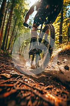 Close-up of a mountain bike tire kicking up dust on a dirt trail during an autumn ride in the forest.