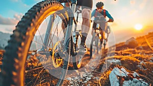 Close-up of a mountain bike tire on a rocky trail at sunset.