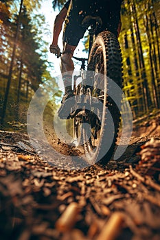 Close-up of a mountain biker& x27;s tire on a muddy trail, showcasing the thrill of the ride. photo