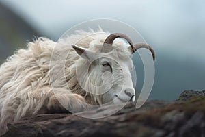 close-up of a mountain goat resting on a ledge