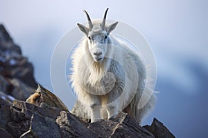 A close-up of a mountain goat on a rocky ledge