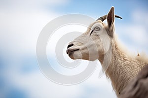 close-up of mountain goat on rocky ledge with sky background