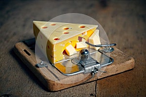 close-up of mouse trap with slice of cheese visible