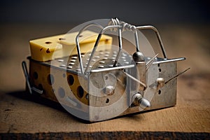 close-up of a mousetrap with cheese pieces wedged between the metal jaws