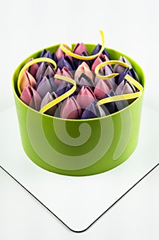 Close-up of mousse cake decorated with chocolate tulip, close up, white background