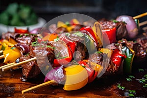 Close-up of a mouth-watering Churrasco skewer loaded with colorful vegetables and marinated beef