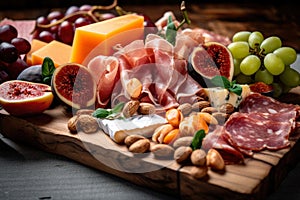 Close-up of a mouth-watering prosciutto wrapped melon on a Charcuterie board with other cured meats, cheese, fruits, and nuts