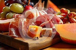 Close-up of a mouth-watering prosciutto wrapped melon on a Charcuterie board with other cured meats, cheese, fruits, and nuts