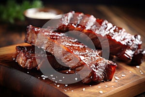 Close up of mouthwatering roasted barbecue pork ribs with perfectly sliced and tender meat
