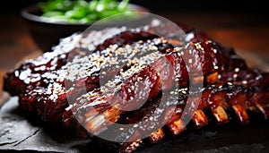 Close up of mouthwatering and succulent roasted barbecue pork ribs with perfectly sliced meat