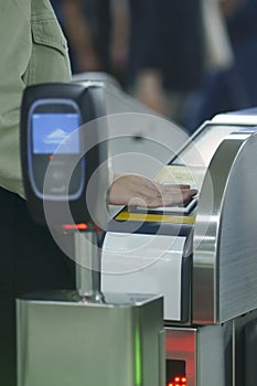 Close up of MRT tapping card in Jakarta, Indonesia. April 20, 2023.